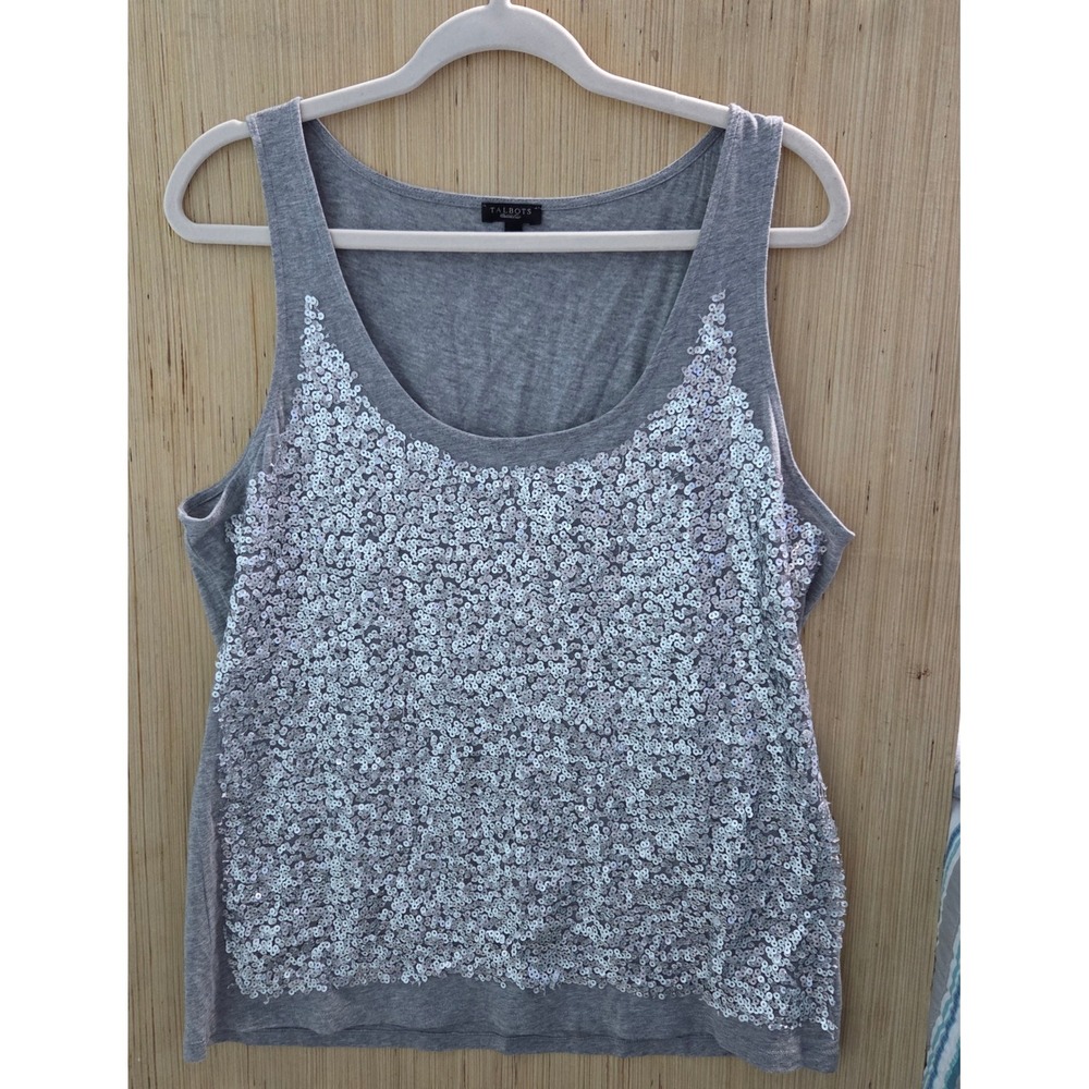 Talbots Womens XL Gray Sequin Front Scoop Neck Sleeveless Knit Tank Top